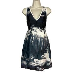 Carven Sleeveless Print Dress Linen Silk Blue Mod Cloud Casual - 38